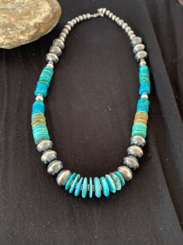 Navajo Blue Green Turquoise Beads Necklace | Sterling Silver | Authentic Native American Handmade | 22" | 4697