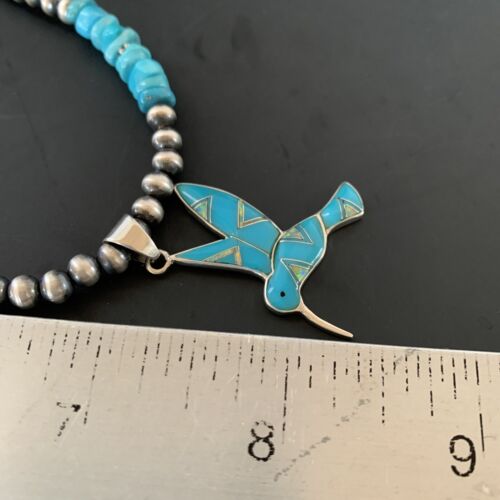 Navajo Hummingbird Inlay Pendant | Blue Turquoise & Opal | Sterling Silver | Native American Handmade | 11326