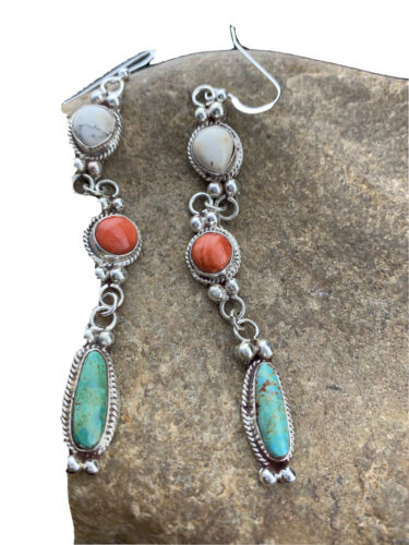 Navajo Howlite, Spiny Oyster & Turquoise Dangle Earrings | Sterling Silver | Authentic Native American Handmade | 1629