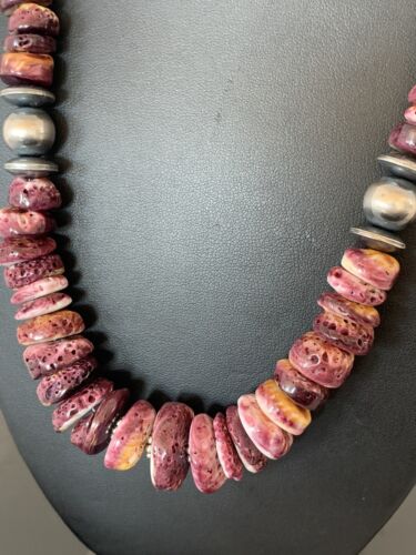 Purple Spiny Oyster Pendant with Sterling Silver Navajo Pearls Necklace | Graduated | Authentic Native American | 17" | 13812