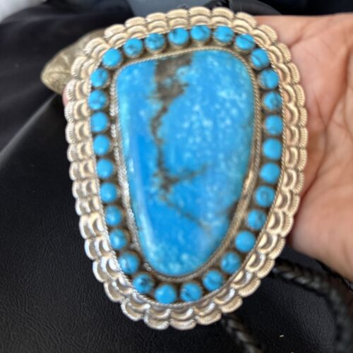 Navajo Blue Kingman Turquoise Bolo Tie | Sterling Silver | Authentic Native American Handmade | 14228