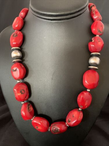 Navajo Red Coral Bead Necklace | Sterling Silver | Graduated | Authentic Native American | 21" | 13199