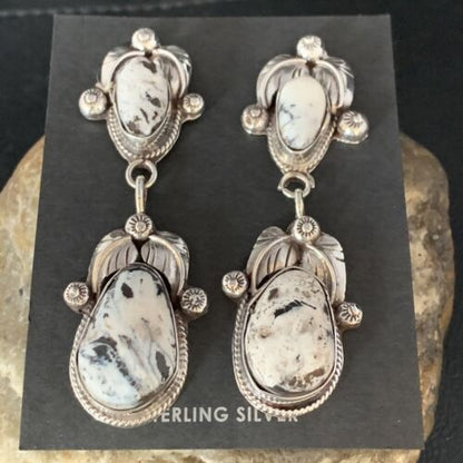 Navajo White Buffalo Turquoise Dangle Earrings Set | Sterling Silver | Authentic Native American Handmade | 13753