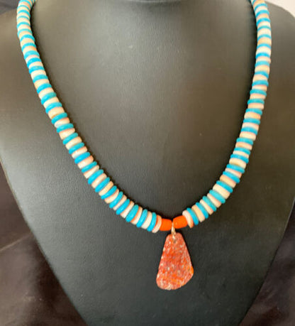 Santo Domingo Shell Pendant | Spiny Oyster & Blue Turquoise | 20" Necklace | Navajo | 12521