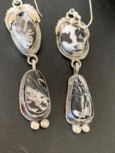 White Buffalo Turquoise Dangle Earrings | Sterling Silver | 2.5" | Authentic Native American Handmade | 12156