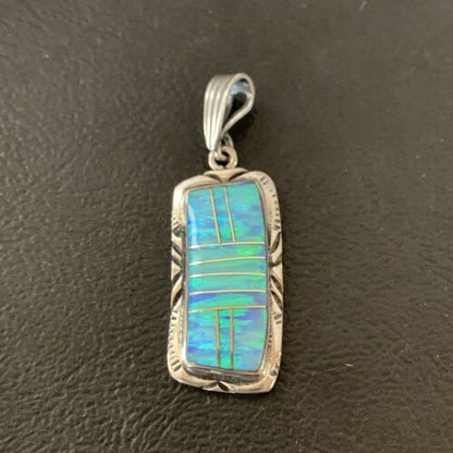 Authentic Native American Navajo Sterling Silver Pendant | Blue Faux Opal Inlay | 01480