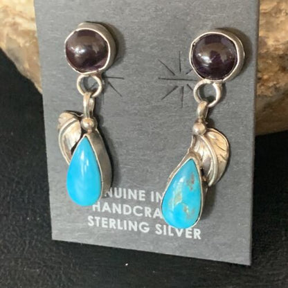 Navajo Sterling Silver Dangle Leaf Earrings | Purple Sugilite & Blue Turquoise | 13443