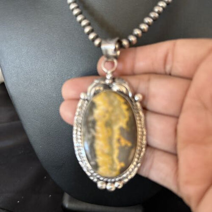 Navajo Bumblebee Jasper Pendant Necklace | Sterling Silver | Authentic Native American Handmade | 14247