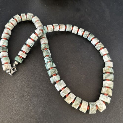 Native American Sterling Silver Necklace | Grey White Jasper Coral | 20" | 14430