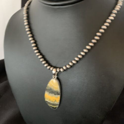 Navajo Yellow Bumblebee Jasper Pendant Necklace | Sterling Silver | Authentic Native American Handmade | 12808