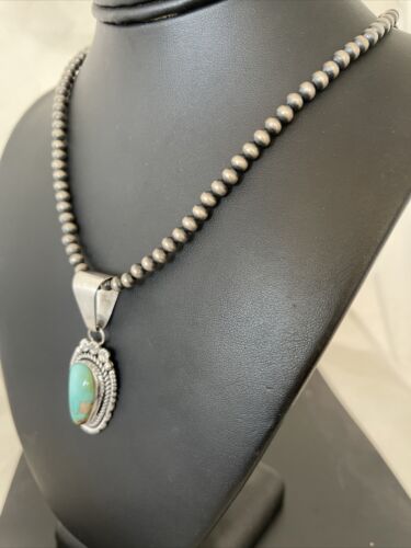 Women's Royston Turquoise Pendant Necklace | Navajo Pearls | Sterling Silver | Authentic Native American Handmade | 01183