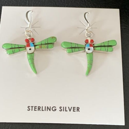 Navajo Dragonfly Earrings | Green Gaspeite, Coral, Mother of Pearl Inlay | Sterling Silver | 1" | 13319 - Masha USA