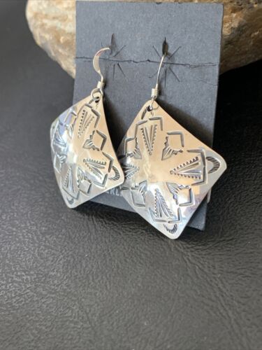 Native American Women's Dangle Earrings | Navajo Sterling Silver Stamped Handmade | 1660