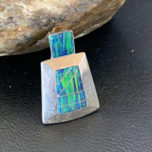 Authentic Native American Navajo Sterling Silver Blue Opal Inlay Pendant | Handmade Jewelry | 13334