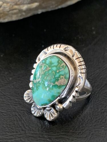 Women's Navajo Green Sonoran Turquoise Ring | Sterling Silver | Sz 9.5 | Authentic Native American Handmade | 10419