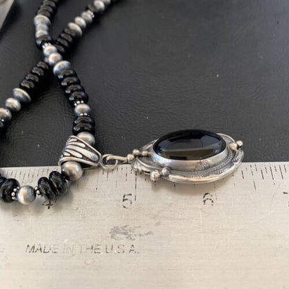 Native American Men's Navajo Pearl Necklace Pendant | Sterling Silver Black Onyx | 10805