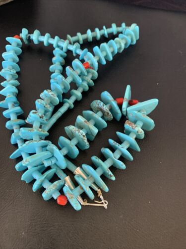 Authentic Native American Santo Domingo Necklace | Sterling Silver, Coral & Turquoise | 36" Graduated | 12068