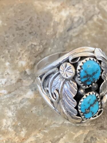 Navajo Blue Kingman Turquoise Feather Ring | Authentic Native American Sterling Silver | Multi-Stone | Sz 11.5 | 12221
