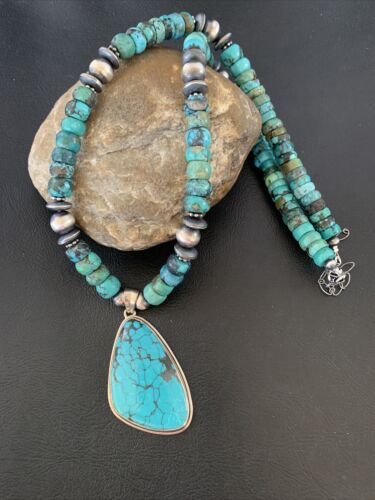 Navajo Pearls Spiderweb Beads Turquoise Necklace Pendant | Sterling Silver | Authentic Native American Handmade | 10239