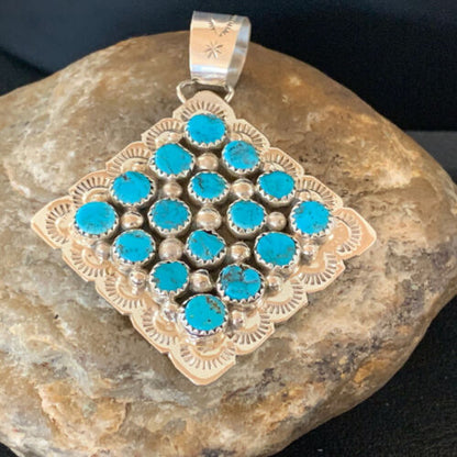 Navajo Blue Turquoise Cluster Pendant | Authentic Native American Sterling Silver | Multi-Stone | 2.5" | 02097