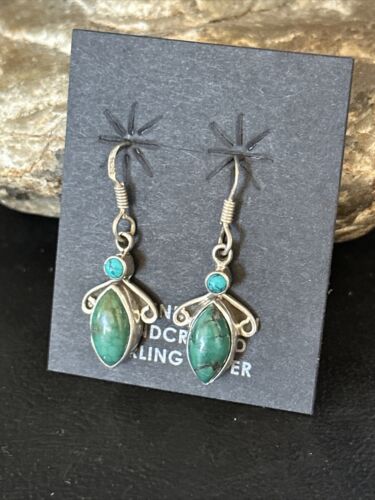Navajo Blue Turquoise Dangle Earrings | Sterling Silver | 1" | Authentic Native American Handmade | 14773