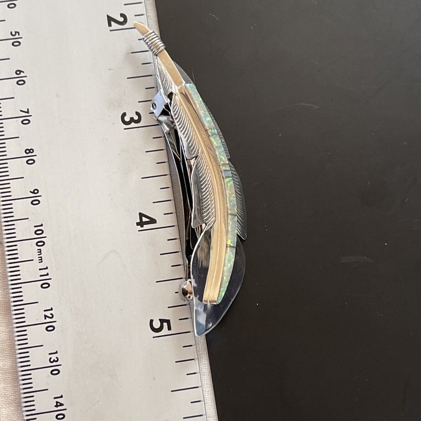 Women's Navajo Sterling Silver Feather Barrette | White Opal Inlay | Handmade | 4" | 2079