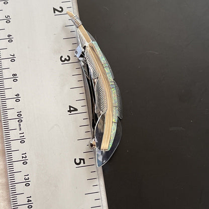 Women's Navajo Sterling Silver Feather Barrette | White Opal Inlay | Handmade | 4" | 2078