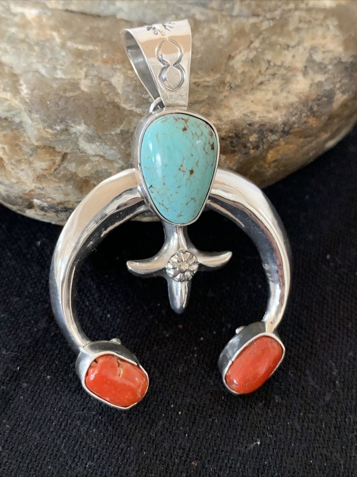 Navajo Pearls Necklace with Royston Turquoise & Coral Naja Pendant | Sterling Silver | 01428