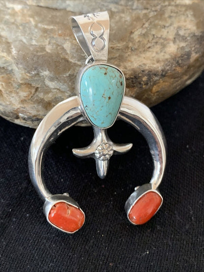 Navajo Pearls Necklace with Royston Turquoise & Coral Naja Pendant | Sterling Silver | 01428