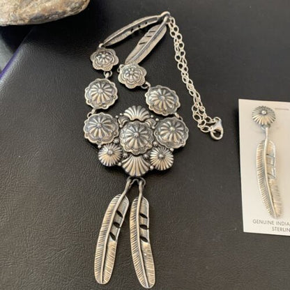 Navajo Handmade Sterling Silver Necklace & Earrings Set | Stamped | Authentic Native American Jewelry | 2114