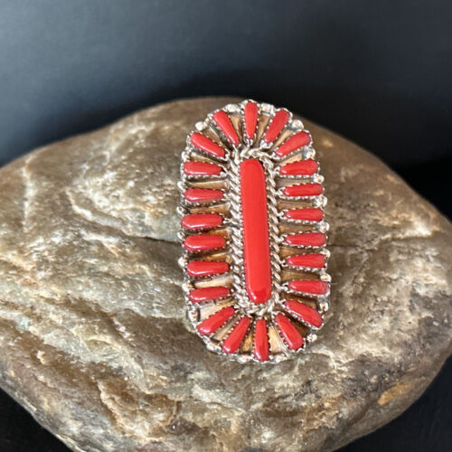 Navajo Red Coral Cluster Ring | Authentic Native American Sterling Silver | Multi-Stone | Sz 10 | 14572