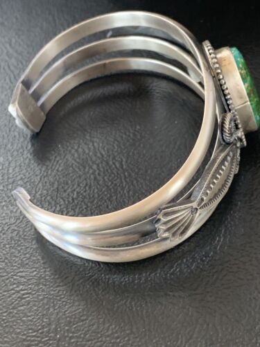 Navajo Green Sonoran Gold Turquoise Cuff Bracelet | Sterling Silver | Authentic Native American Handmade | 13830