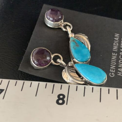 Navajo Sterling Silver Dangle Earrings | Purple Sugilite & Blue Turquoise | Leaf Design | 13444