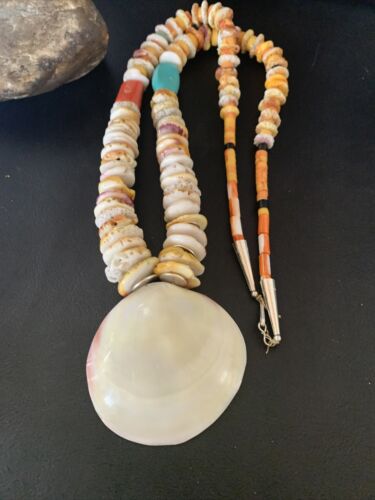 Native American Santo Domingo Necklace | Silver Shell Turquoise | 32" | 12060