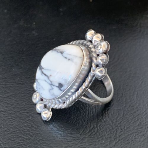 Navajo White Buffalo Turquoise Ring | Sterling Silver | Sz 8 | Authentic Native American Handmade | 13346