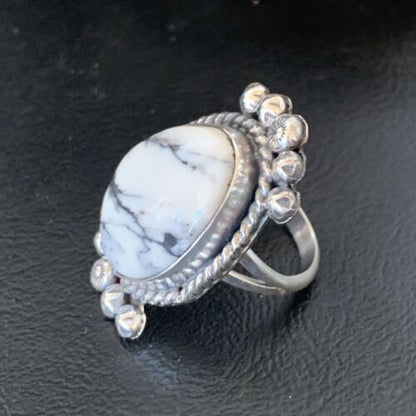 Navajo White Buffalo Turquoise Ring | Sterling Silver | Sz 8 | Authentic Native American Handmade | 13346