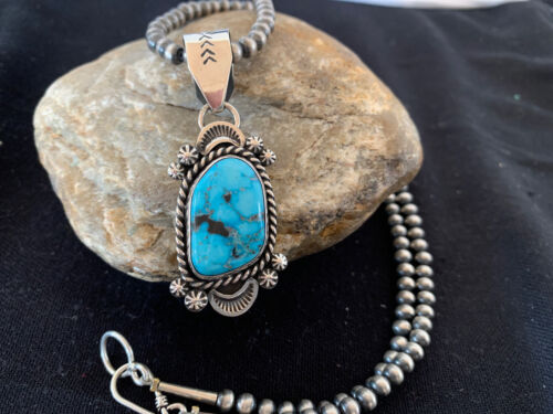 Navajo Spiderweb Kingman Turquoise Pendant Necklace | Sterling Silver | Authentic Native American Handmade | 690