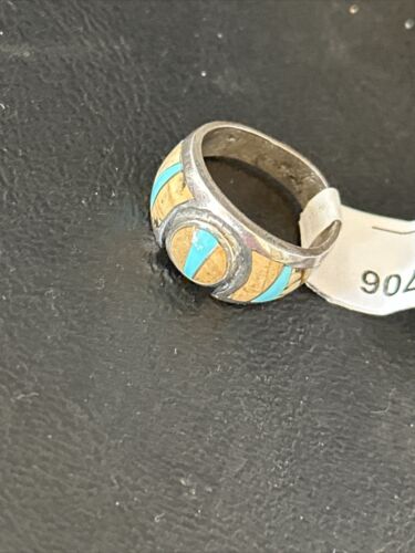 Navajo Picture Jasper Turquoise Inlay Ring | Sterling Silver | Sz 6 | Authentic Native American Handmade | 01706