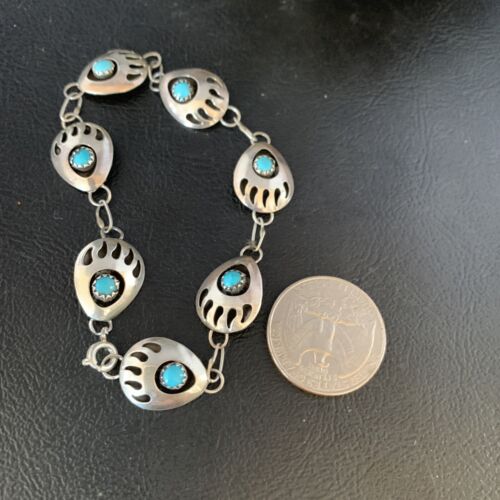 Southwestern Turquoise Bear Paw | Navajo Sterling Silver Link Bracelet | 8693