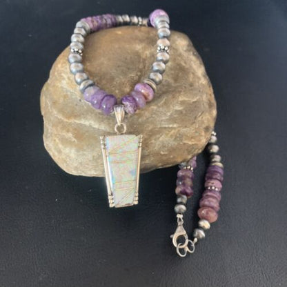 Navajo Purple Charoite White Opal inlay Pendant Necklace | Sterling Silver | Native American Handmade | 13435