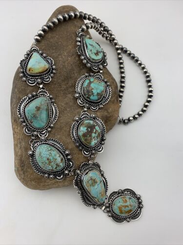 Navajo Sterling Silver Lariat Necklace | Royston Turquoise Squash Pendant | Authentic Native American Handmade | 01545