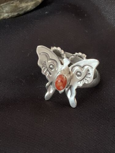 Navajo Red Spiny Oyster Butterfly Ring | Sterling Silver | Adj Sz 7 | Authentic Native American Handmade | 10678