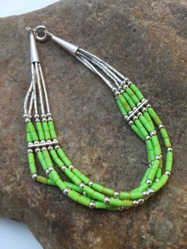 Handmade Liquid Silver Green Gaspeite Heishi Bracelet | Sterling Silver | 5-Strand | 7" | 13606