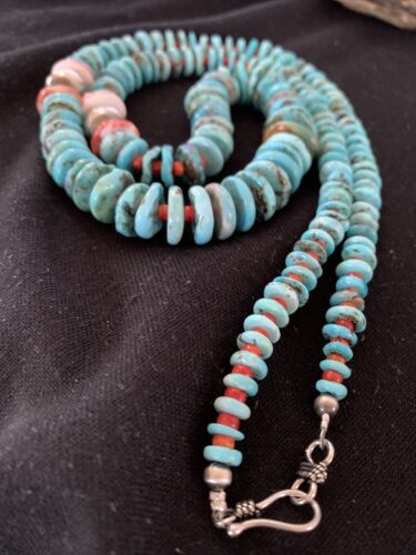Authentic Native American Navajo Sterling Silver Necklace | Blue Turquoise & Spiny Oyster | 32" | 01672