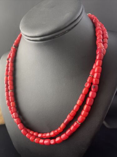 Native American Red Stabilized Coral Heishi Necklace | Sterling Silver | 18" | 1765