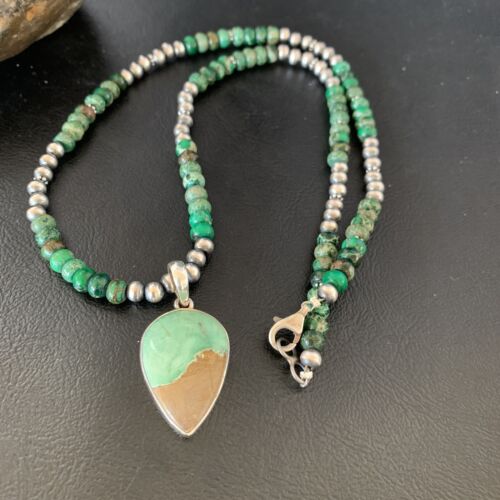 Navajo Green Turquoise Pendant Necklace | Sterling Silver Beads | Authentic Native American Handmade | 13366