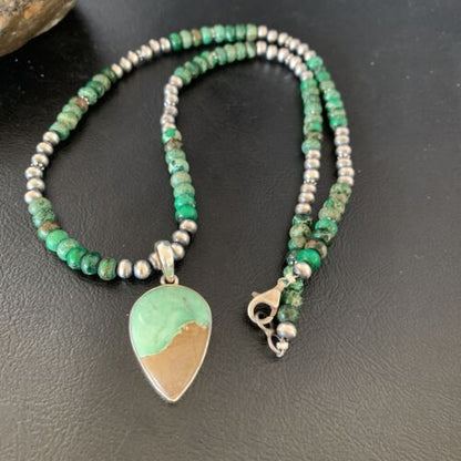 Navajo Green Turquoise Pendant Necklace | Sterling Silver Beads | Authentic Native American Handmade | 13366