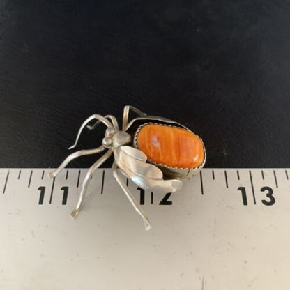 Navajo Spider Pin | Sterling Silver | Orange Spiny Oyster | Authentic Native American Handmade | 13698