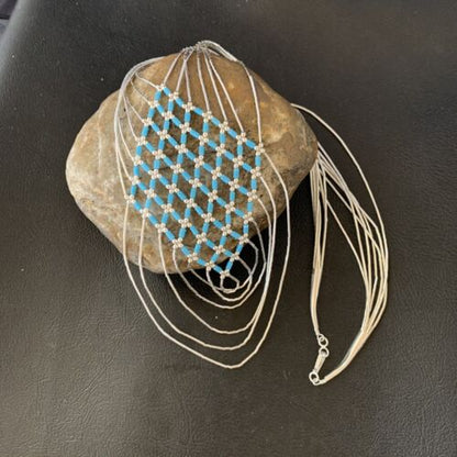 Navajo Blue Turquoise Liquid Heishi Necklace | 7 Strand Sterling Tubes | 18" | Authentic Native American | 12626