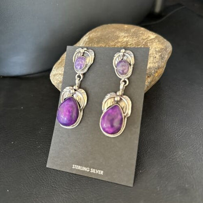 Navajo Purple Sugilite Dangle Earrings | Sterling Silver | 2" | Authentic Native American Handmade | 14403